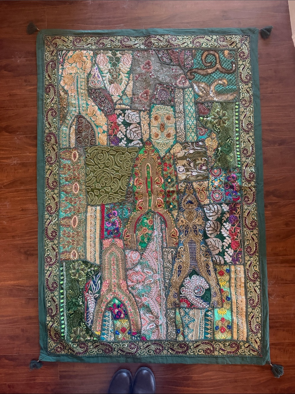 Vintage Green Multicolor Embroidered Tapestry Wall Hanging